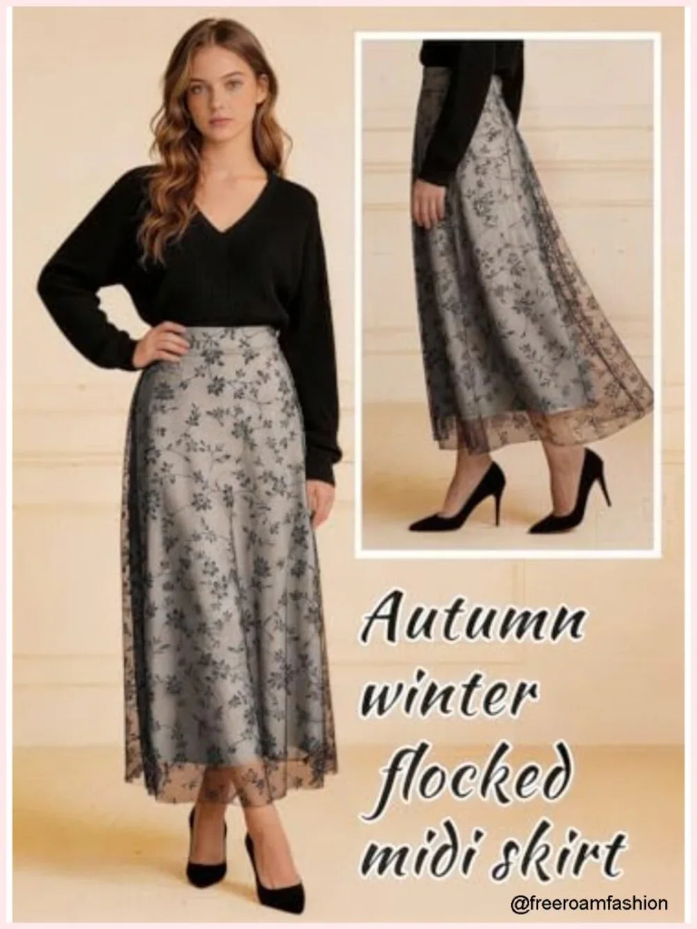 Floral Chiffon Midi Skirt, High Waist A-Line Side Zipper Elastic Waist, Wedding
